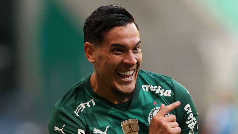Gustavo Gómez comemora seu gol pelo Palmeiras, contra o Santos, durante partida válida pela décima primeira rodada do Brasileirão 2021, no Allianz Parque.