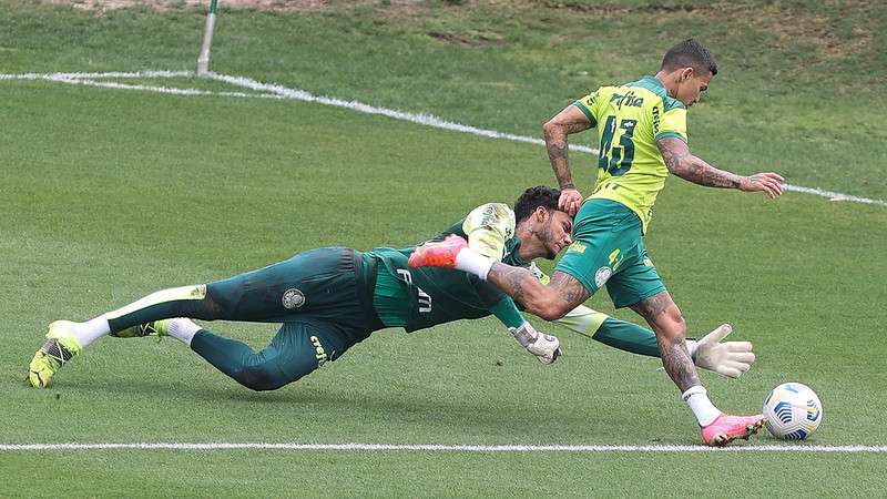 Dudu e Natan em disputa, durante atividades em treinamento do Palmeiras, na Academia de Futebol.