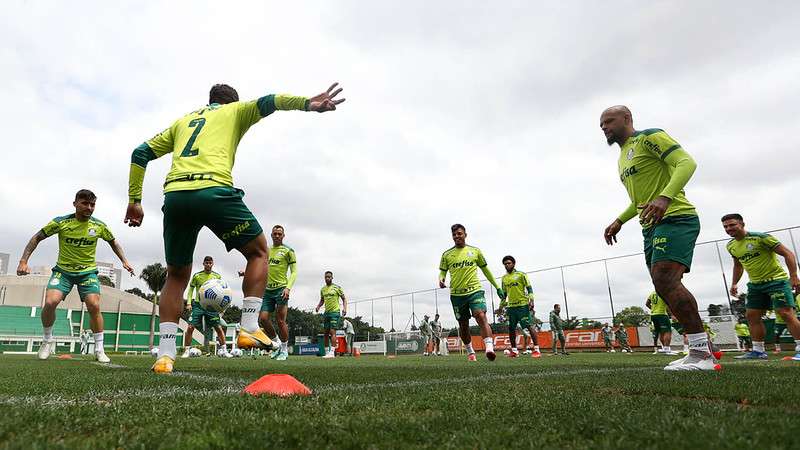 Elenco do Palmeiras durante treino técnico, na Academia de Futebol.