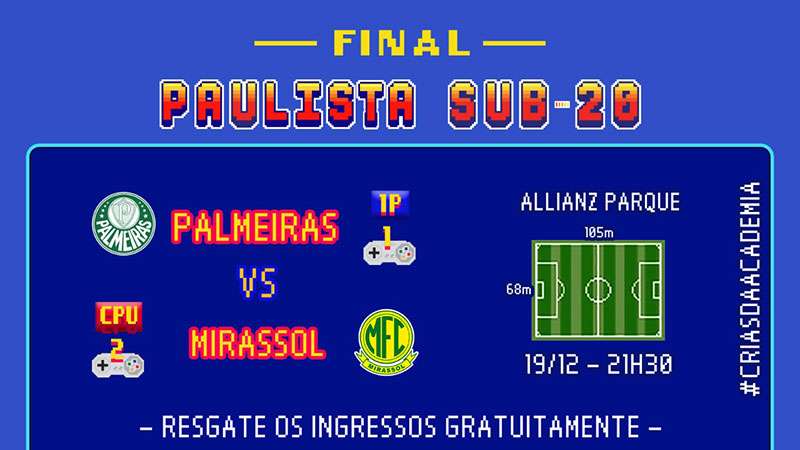 1ª final do Paulista Sub-20 entre Palmeiras x Mirassol terá entrada gratuita aos torcedores.