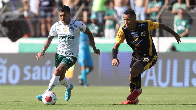 Dudu do Palmeiras em disputa com jogador do Novorizontino, durante partida válida pela fase de grupos do Paulistão 2022, no Estádio Dr. Jorge Ismael de Biase.