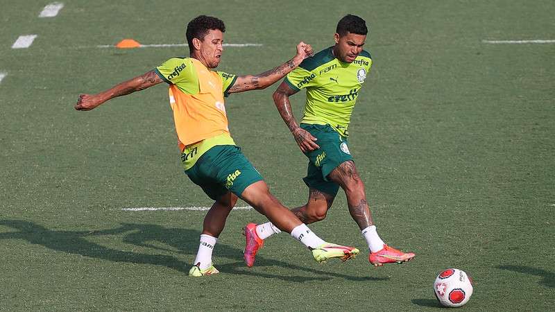 Marcos Rocha e Dudu durante treino técnico do Palmeiras, na Academia de Futebol.