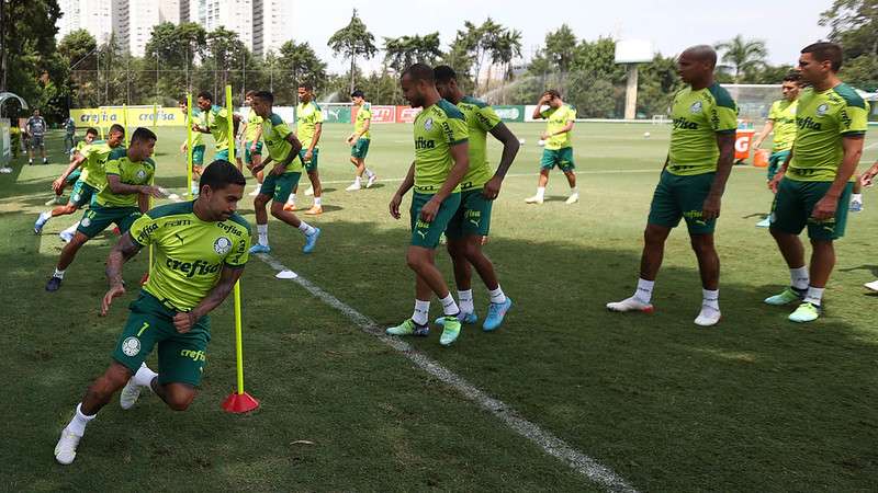 Dudu e o elenco do Palmeiras, durante treino técnico, na Academia de Futebol.