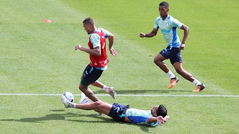 Rafael Navarro e Luan durante treinamento do Palmeiras, na Academia de Futebol.