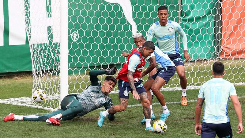 Vinicius, Dudu, Danilo, Vanderlan e Luan durante treinamento do Palmeiras, na Academia de Futebol.