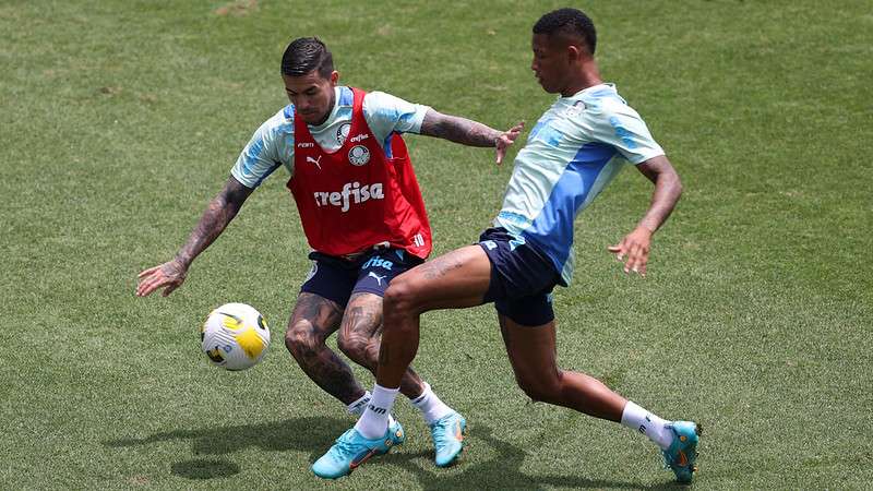 Dudu e Danilo durante treinamento do Palmeiras, na Academia de Futebol.