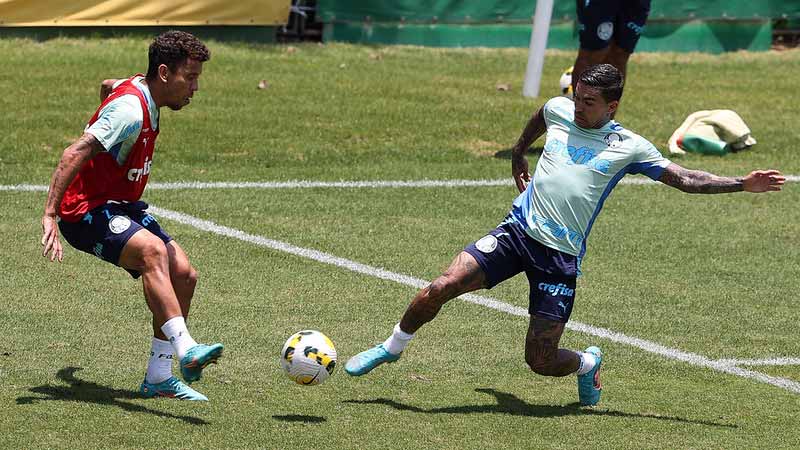 Marcos Rocha e Dudu durante treinamento do Palmeiras, na Academia de Futebol.