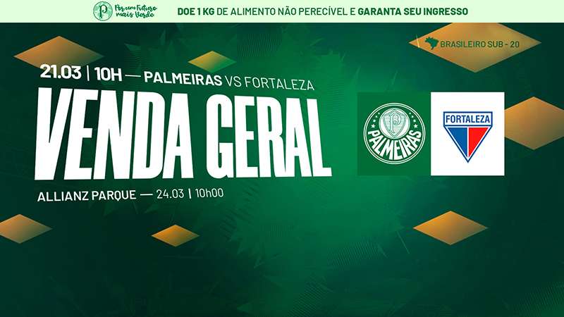 Partida entre Palmeiras x Fortaleza, pelo Brasileiro Sub-20, terá entrada gratuita ao Allianz Parque.