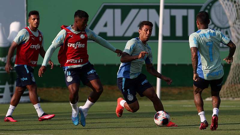 Gabriel Menino, Endrick, Marcos Rocha e Dudu, durante treinamento do Palmeiras, na Academia de Futebol.