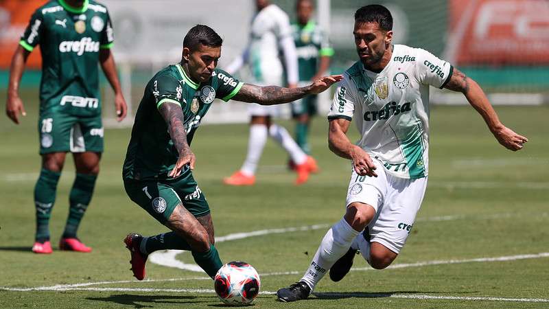 Dudu e Luan durante treinamento do Palmeiras na Academia de Futebol.