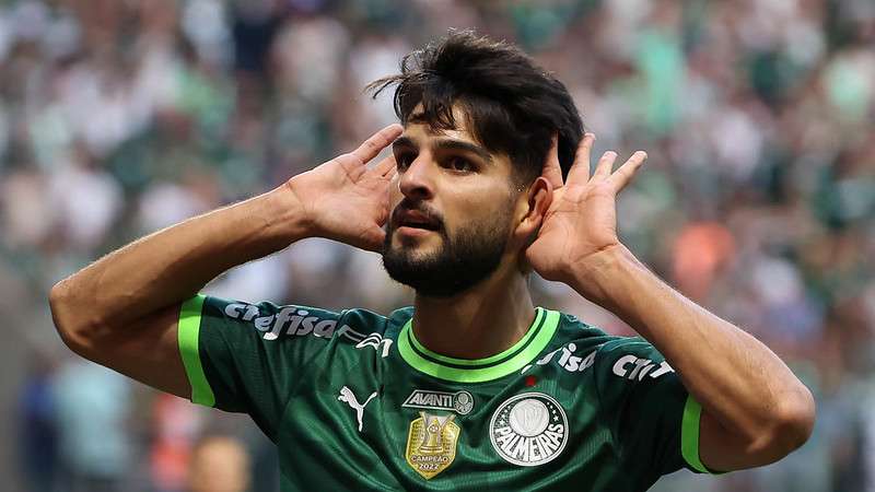 Flaco López comemora seu gol pelo Palmeiras contra o Água Santa, durante segunda partida da final do Paulistão 2023, no Allianz Parque.