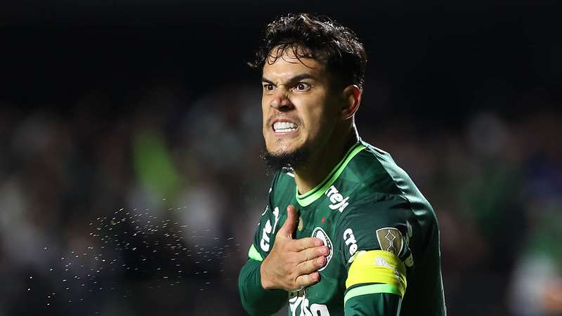 Gustavo Gómez comemora seu gol pelo Palmeiras contra o Cerro Porteño, durante partida válida pela fase de grupos da Libertadores 2023, no Morumbi.