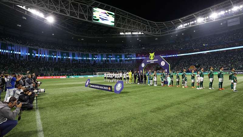 Equipe do Palmeiras antes do jogo contra o SCCP, durante partida válida pela terceira rodada do Brasileirão 2023, no Allianz Parque.
