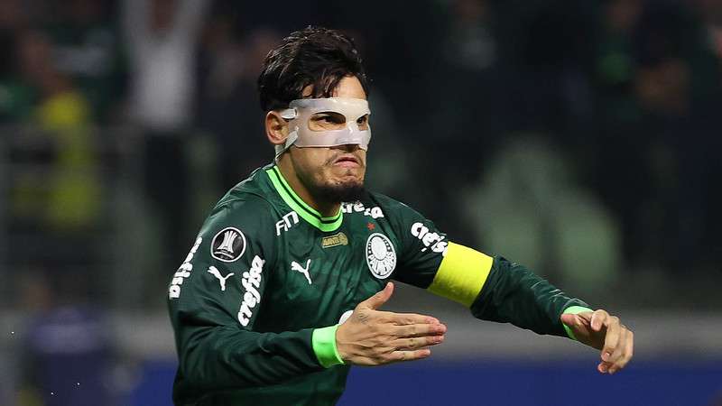 Gustavo Gómez comemora seu gol pelo Palmeiras contra o Barcelona-EQU, durante partida válida pela fase de grupos da Libertadores 2023, no Allianz Parque.