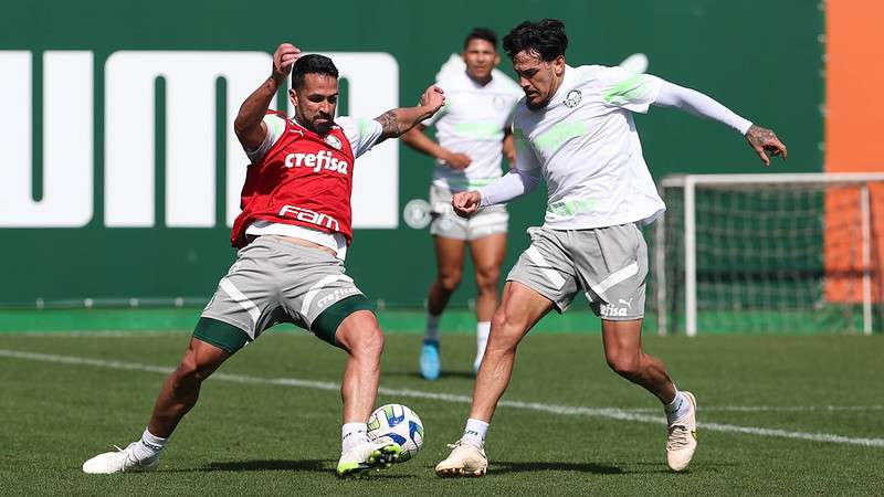 Luan e Gustavo Gómez durante treinamento do Palmeiras, na Academia de Futebol. 