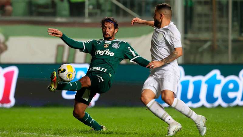 Gustavo Scarpa do Palmeiras em disputa com Éder do América-MG, durante partida válida pela décima oitava rodada do Brasileirão 2022, no Independência.