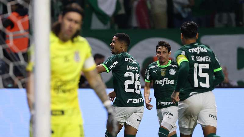 Murilo comemora seu gol pelo Palmeiras contra o SCCP, durante partida válida pela terceira rodada do Brasileirão 2023, no Allianz Parque.