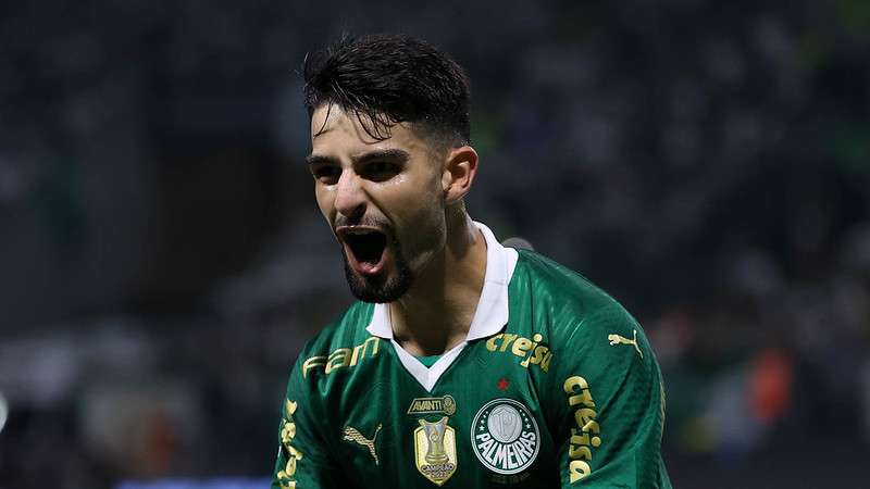 Flaco López comemora seu gol pelo Palmeiras contra o Santos, durante partida válida pela terceira rodada do Paulistão 2024, no Allianz Parque.