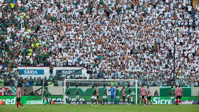 Palmeiras em partida contra o Botafogo-SP, válida pela décima segunda rodada do Paulistão 2024, na Arena Barueri, em Barueri-SP.