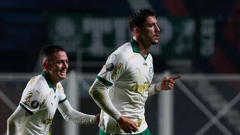 Piquerez comemora seu gol pelo Palmeiras contra o San Lorenzo, em partida válida pela fase de grupo da Libertadores 2024, no Nuevo Gasometro, em Buenos Aires-ARG.