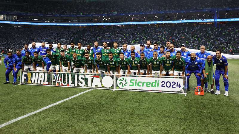 Elenco do Palmeiras em partida contra o Santos, válida pela segunda final do Paulistão 2024, no Allianz Parque, em São Paulo-SP.