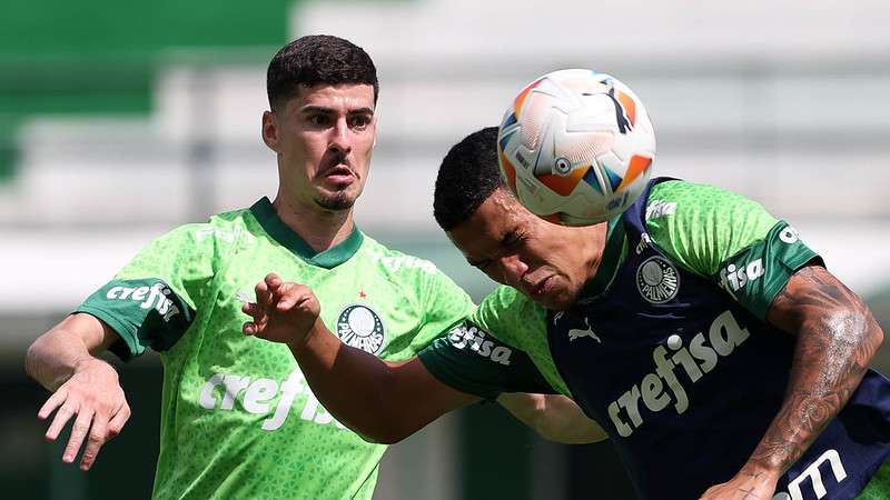 Rômulo e Naves durante treinamento do Palmeiras, na Academia de Futebol.