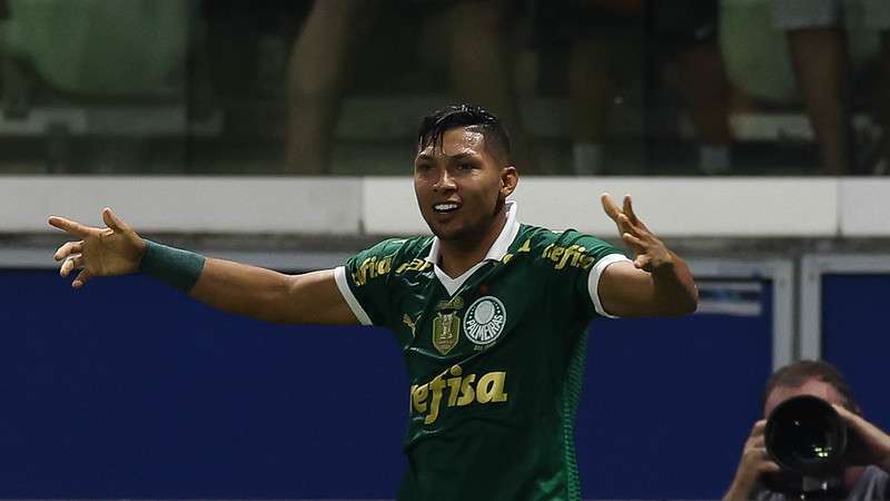 Rony comemora seu gol pelo Palmeiras contra o Botafogo-SP, durante partida válida pela terceira fase da Copa do Brasil 2024, no Allianz Parque.