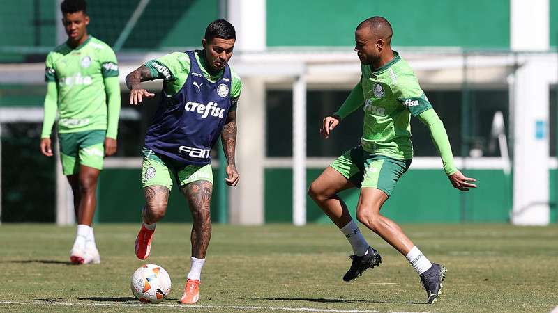 Dudu e Mayke durante treinamento do Palmeiras, na Academia de Futebol.