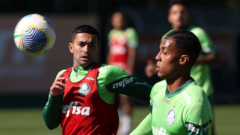 Dudu e Vanderlan durante treinamento do Palmeiras, na Academia de Futebol.