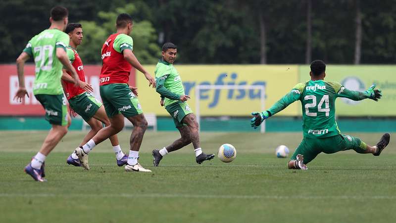 Dudu e o goleiro Mateus durante treinamento do Palmeiras, na Academia de Futebol.