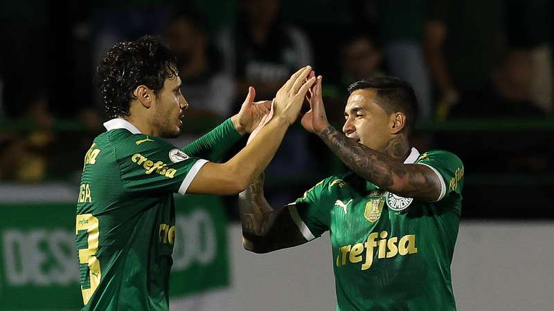 Raphael Veiga  comemora seu gol pelo Palmeiras com Dudu, contra o Atlético-MG, durante partida válida pela vigésima oitava rodada do Brasileirão 2024, no estádio Brinco de Ouro da Princesa.