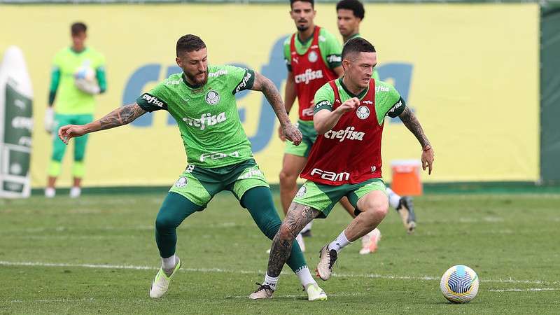 Os jogadores Zé Rafael e Anibal Moreno (D), da SE Palmeiras, durante treinamento, na Academia de Futebol.